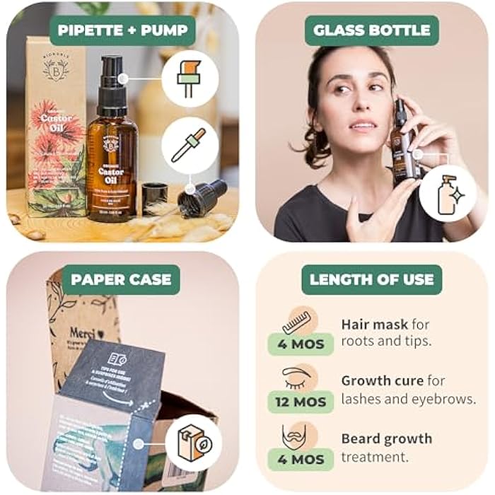 Bionoble Castor Oil Organic 50 ml - 100% Pure, Natural and Cold Pressed - Eyelashes, Eyebrows, Hair, Beard, Nails - Vegan and Cruelty Free - Castor Oil - Glass Bottle + Pipette + Pump - Image 4